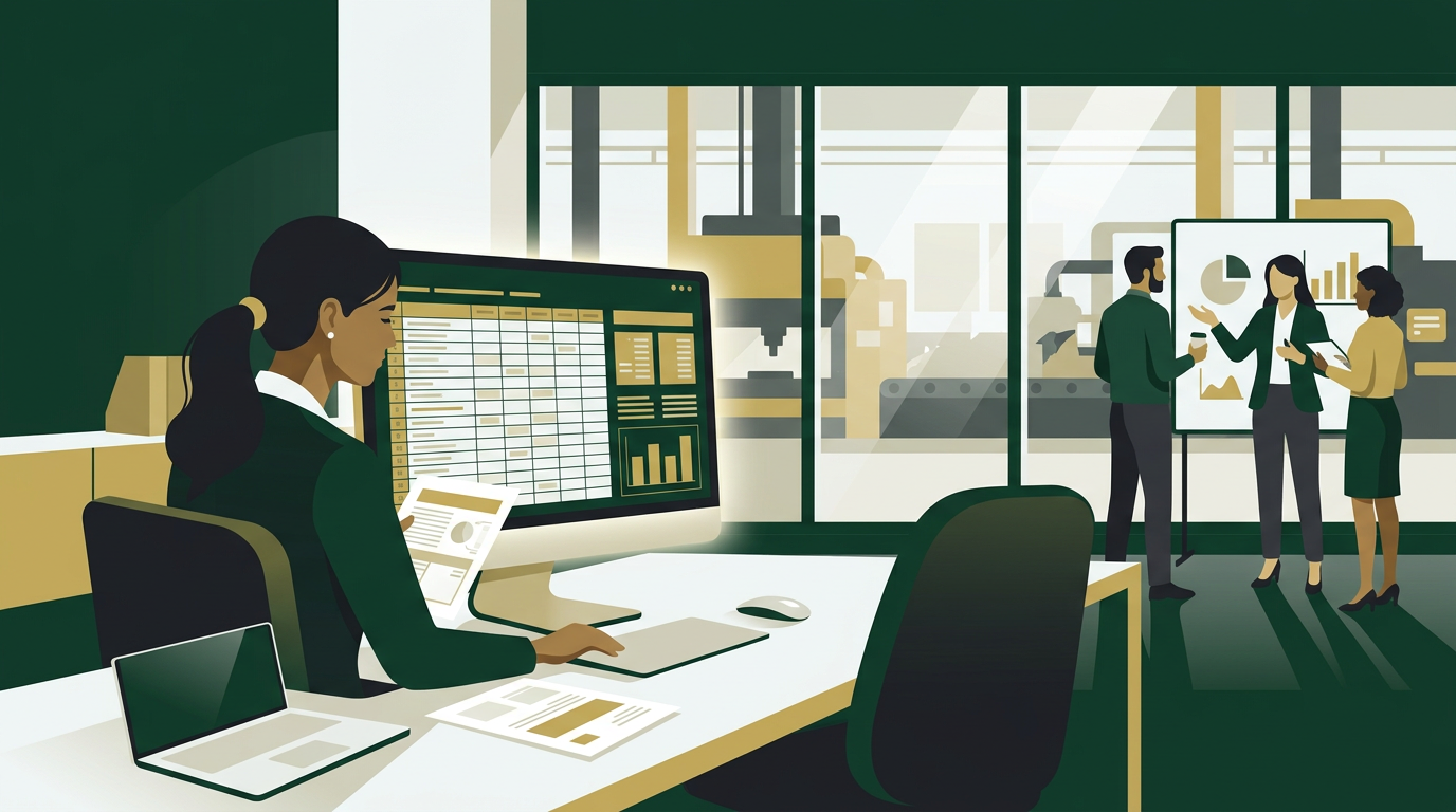 Quality engineer reviewing a spreadsheet of production data in a clean manufacturing office