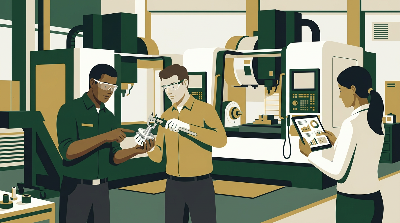 Manufacturing operators measuring precision parts with a digital caliper near a CNC machine