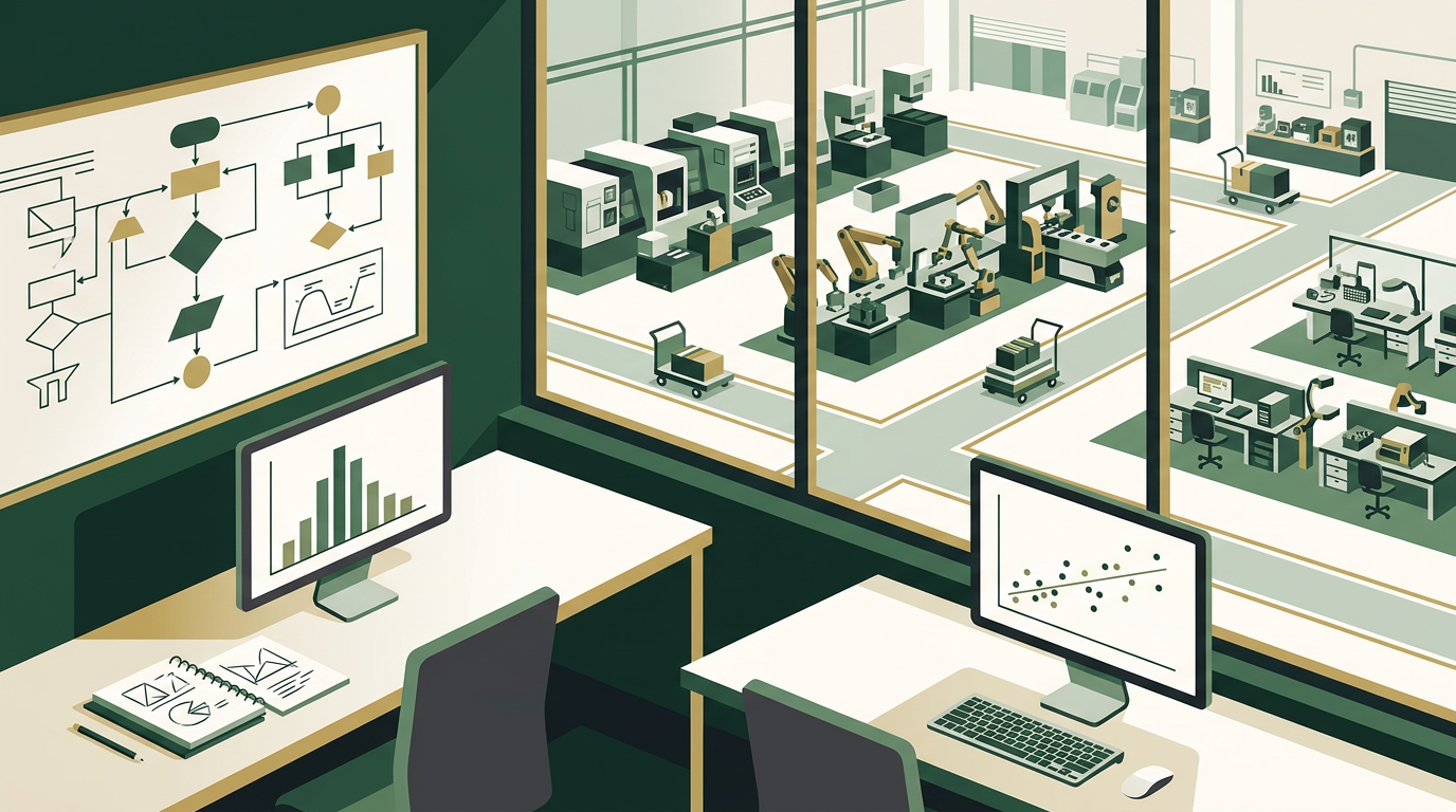 Engineers collaborating around a workstation, analyzing production data on screens, with machinery subtly blurred in the background.