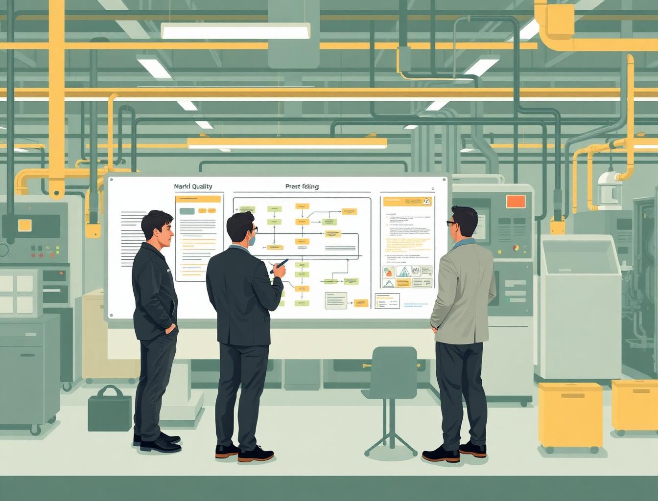 Close-up of a Quality Engineer's hands using a flowchart to analyze a manufacturing process problem
