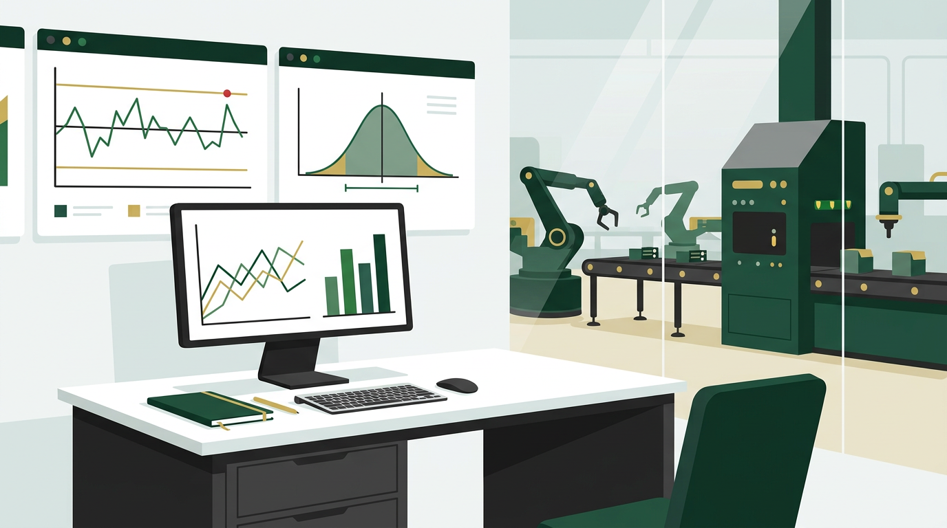 Plant Manager reviews process capability report with Quality Engineer on a tablet, showing clear charts and metrics.