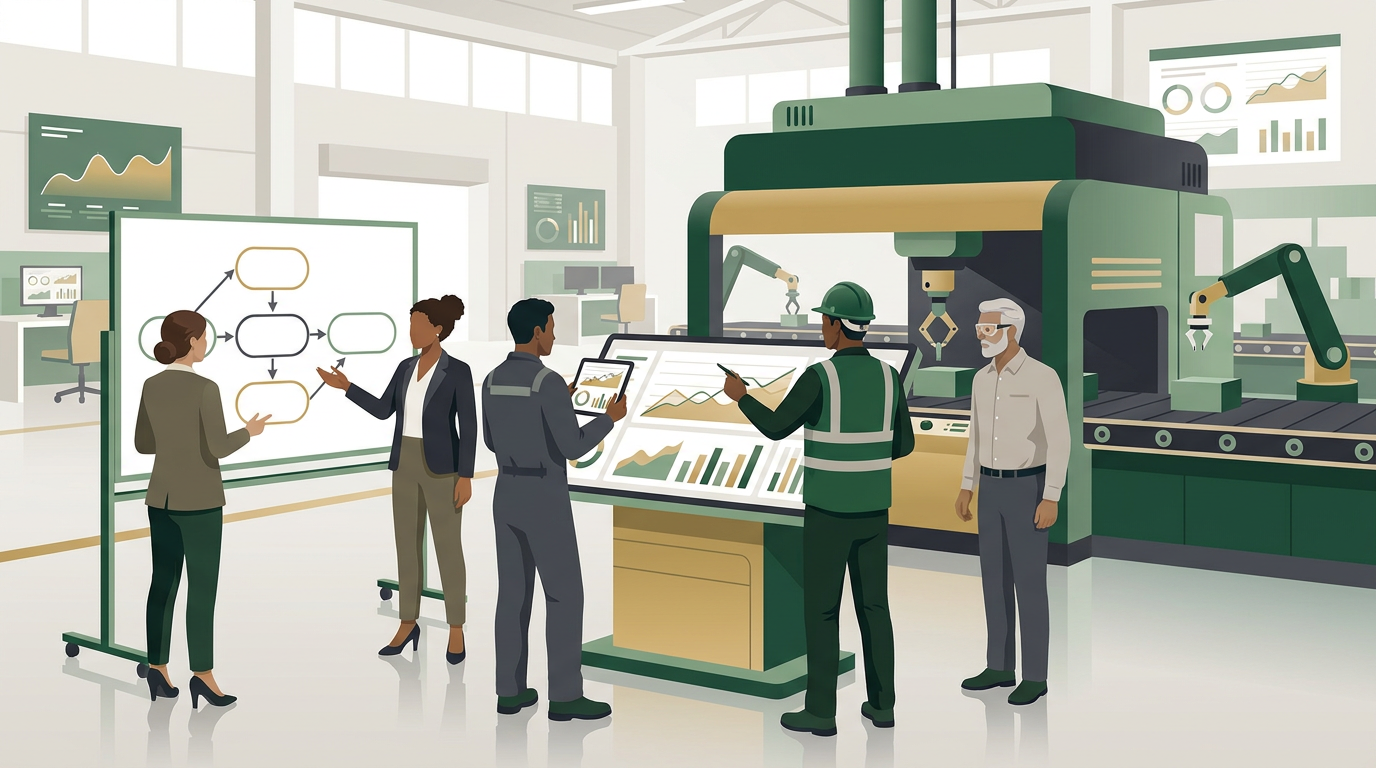 A team of engineers and operators on a factory floor looking at a piece of machinery during a 5 whys root cause analysis session.