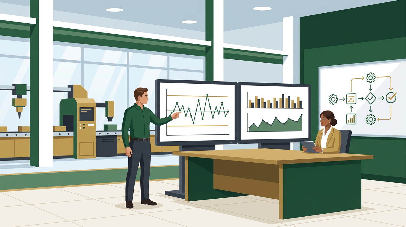 A split-screen image showing an SPC control chart in Excel on the left and a similar chart in Minitab on the right.