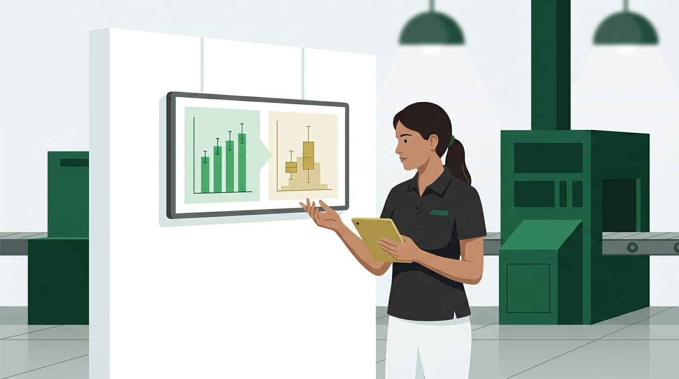 Spreadsheet with statistical data and charts open on a laptop, depicting data analysis for manufacturing processes