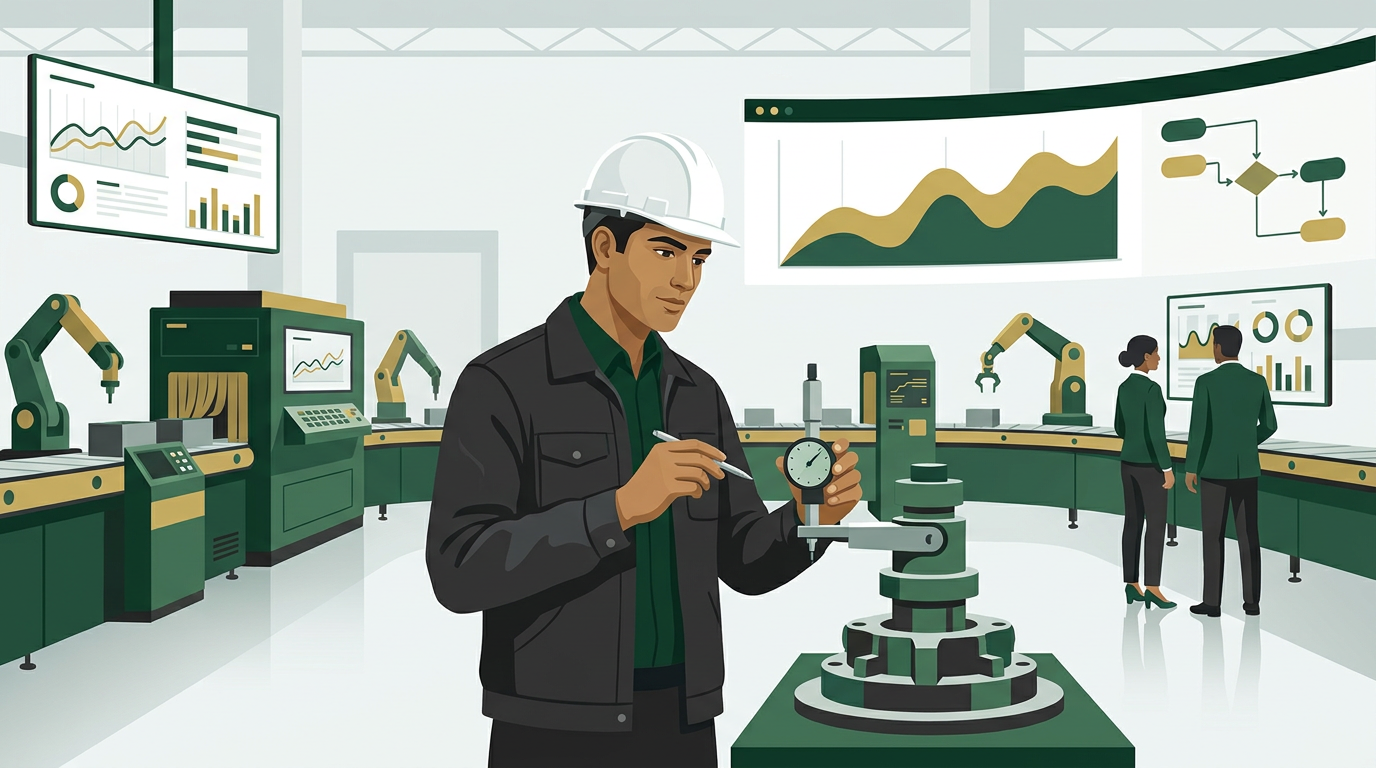 An engineer examining a measurement gage on a factory floor, representing the practical application of a Gage R&R study.