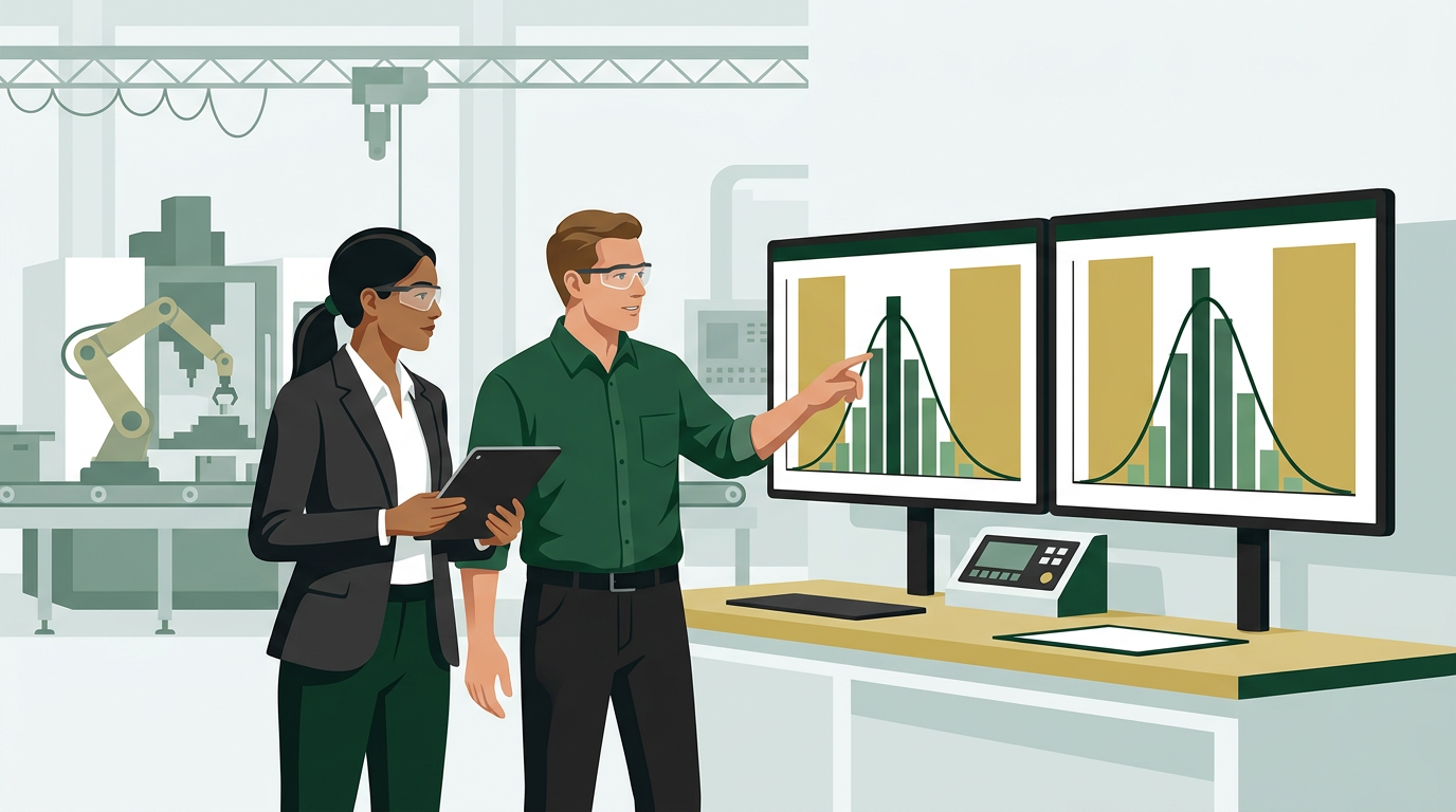 Quality Engineer and Process Engineer comparing two process capability histograms with bell curves on side-by-side dashboard screens in a clean manufacturing setting.